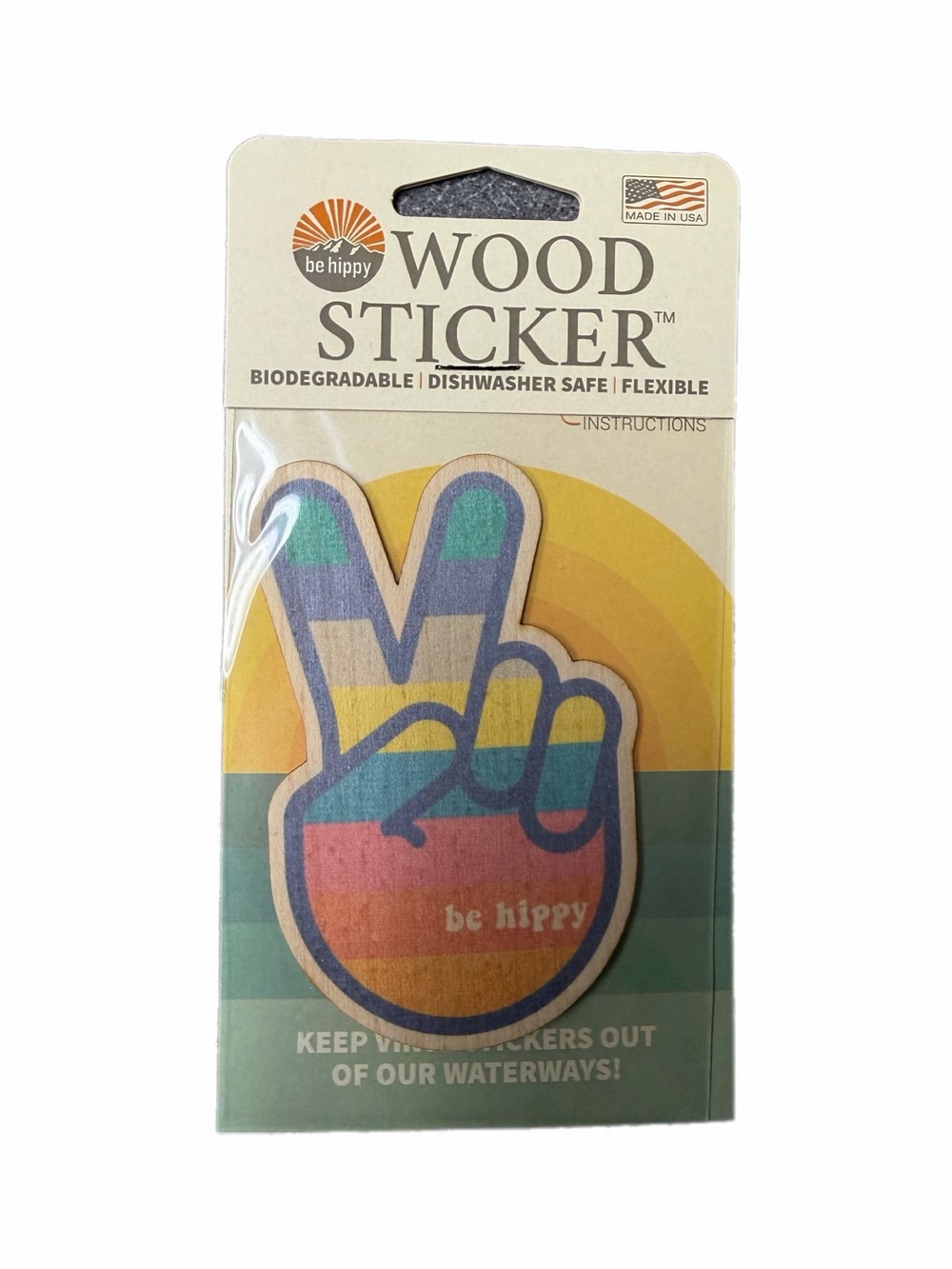 Be Hippy Rainbow Peace Sign Wood Sticker - Multicolor